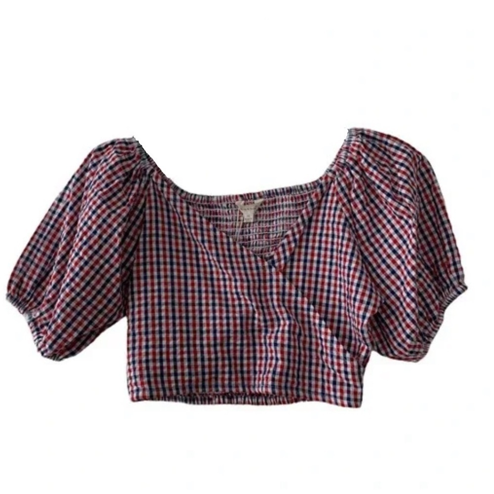 Sim & Sam Plaid red blue white Cropped Faux Wrap Puffy Sleeve Top